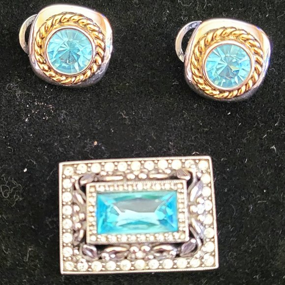 Joan Rivers - Rectangle Brooch and Earrings Set - w/Blue & Clear Rhinestones - Picture 3 of 8